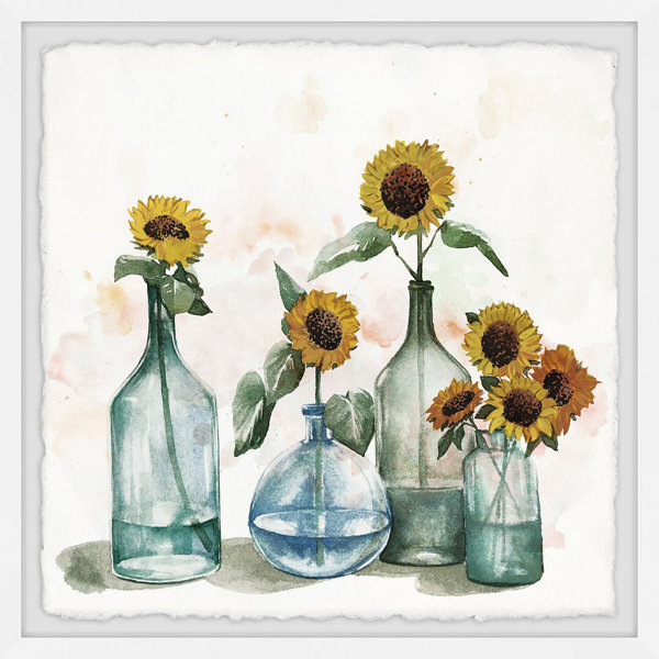Sommerallee Gerahmtes Wandbild Sonnenblumen in blauer Vase II | Wayfair.de